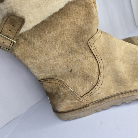 UGG BECKHAM SUEDE CHESTNUT BOOTS SIZE 7 Double Buckle Shearling Cuff - Picture 5 of 7